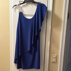 Betsy & Adam One-Shoulder Blue Dress with Silver Embellishment